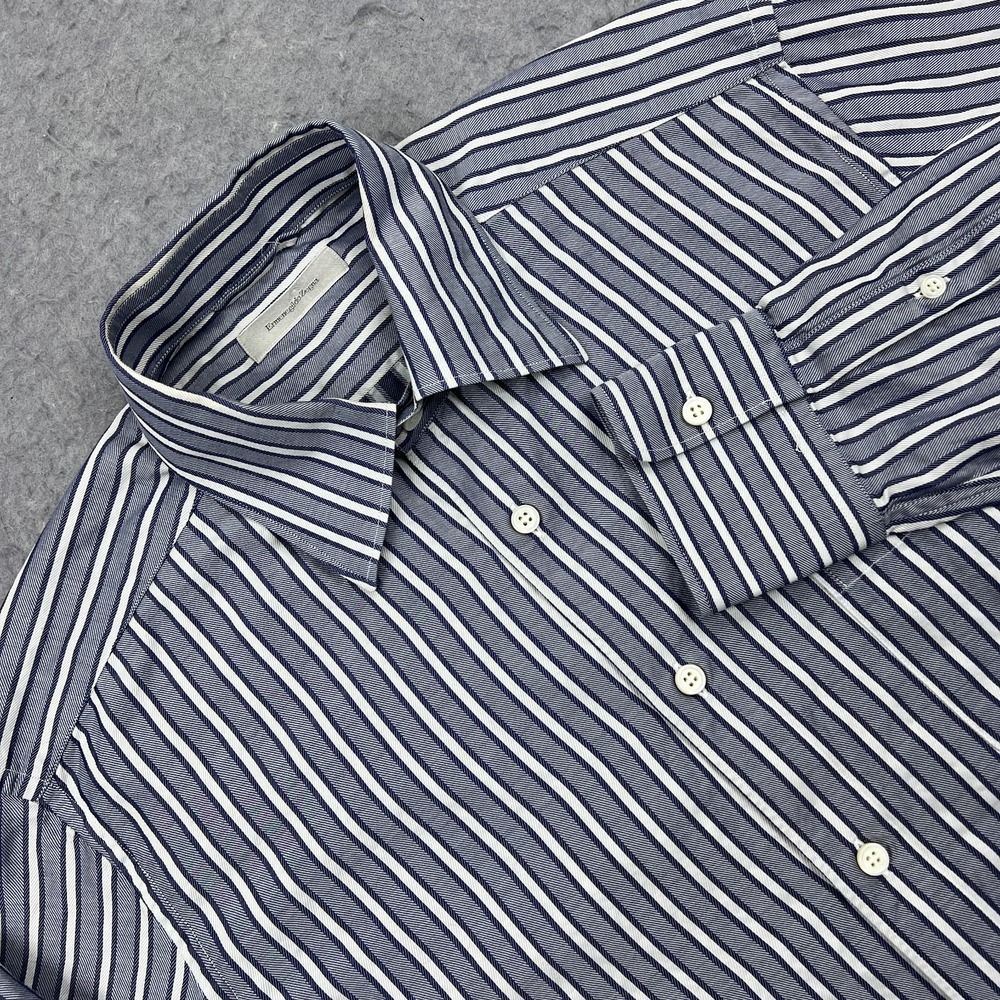 Ermenegildo Zegna Dress Shirt Men's Large‎ Blue Striped Twill Barrel Cuff Italy